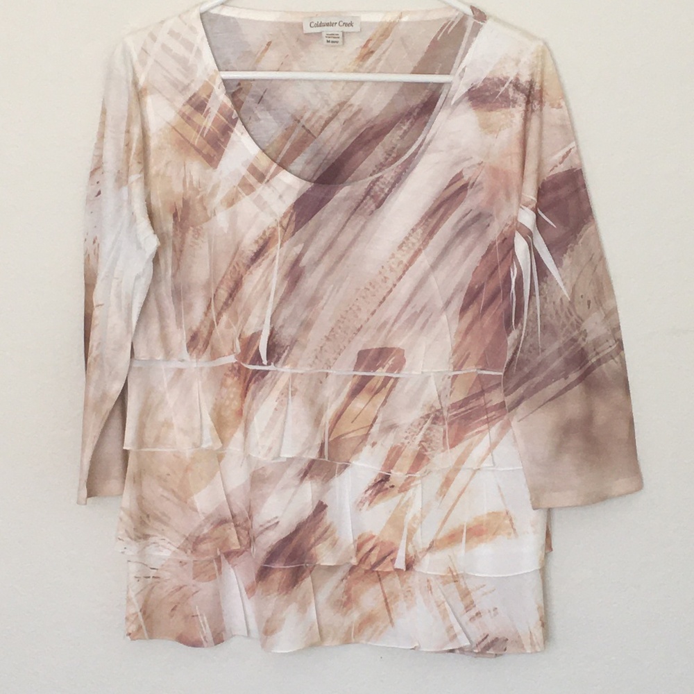 Coldwater Creek Brown Tiered Ruffle 3/4 Sleeve Top Blouse Casual